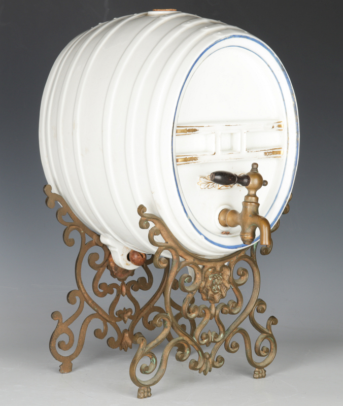 FRENCH PORCELAIN WINE CASK ON STAND CIRCA 1880