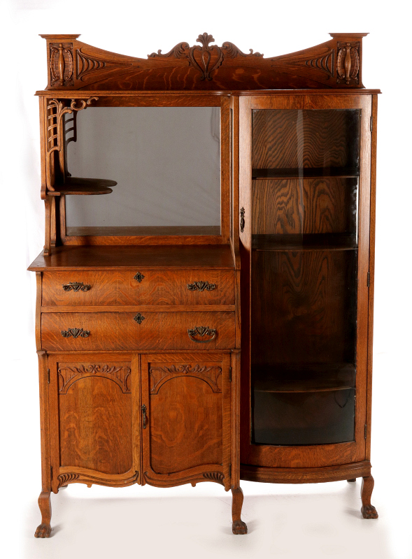 A GOOD HOODED OAK SECRETARY BOOKCASE CIRCA 1900