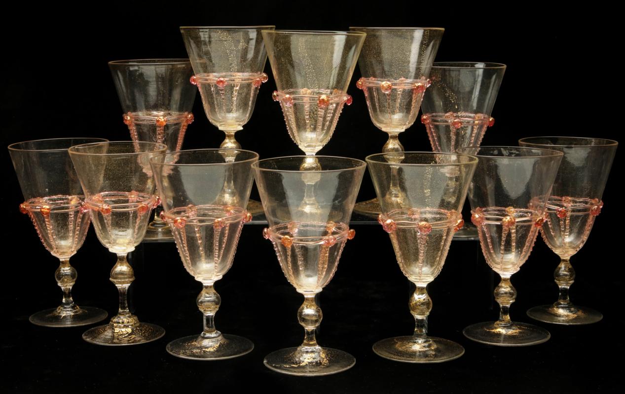 TWELVE SALVIATI VENETIAN GLASS RED WINE GOBLETS