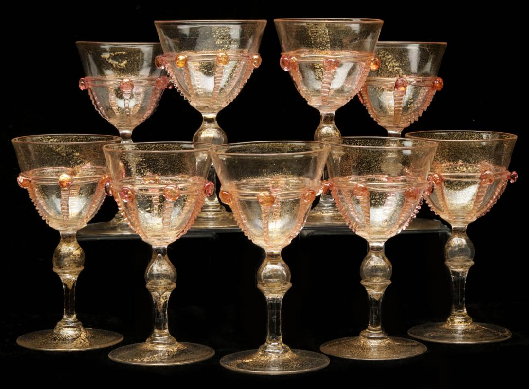 NINE SALVIATI VENETIAN GLASS WHITE WINE GOBLETS