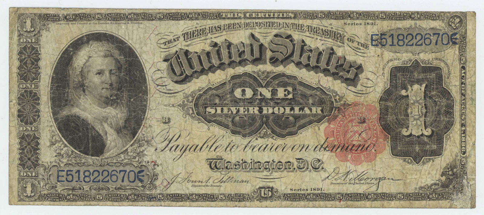 1891 MARTHA WASHINGTON SILVER CERTIFICATE