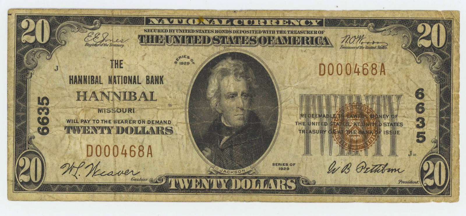 1929 TWENTY DOLLAR NATIONAL CURRENCY HANNIBAL MO