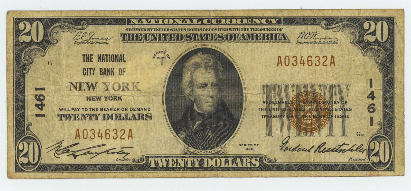 1929 TWENTY DOLLAR NATIONAL CURRENCY NEW YORK