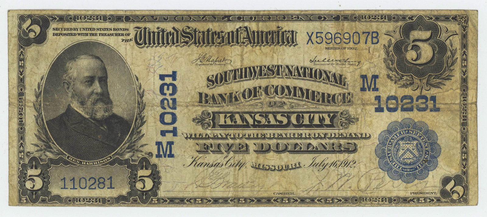 1902 FIVE DOLLAR NATIONAL CURRENCY KANSAS CITY