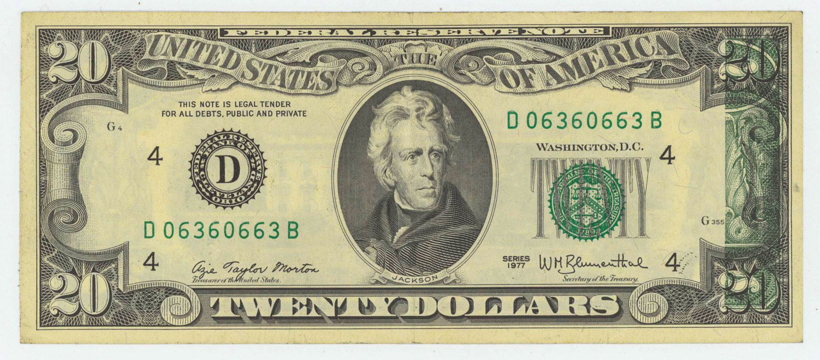 1977 TWENTY DOLLAR NOTE WITH INK TRANSFER ERROR