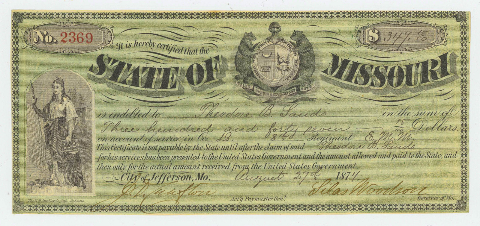 1874 MISSOURI WAR CLAIM CERTIFICATE