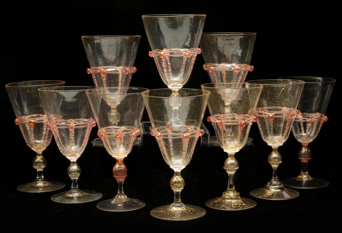 TEN SALVIATI VENETIAN ART GLASS RED WINE GOBLETS