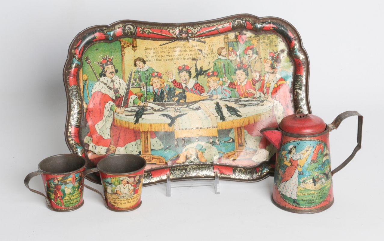 A NURSERY RHYME THEME TIN LITHO CHILD'S TEA SET