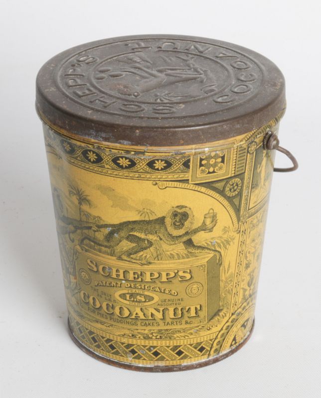 A SCHEPP'S TIN LITHO HANDLED COCOANUT TIN