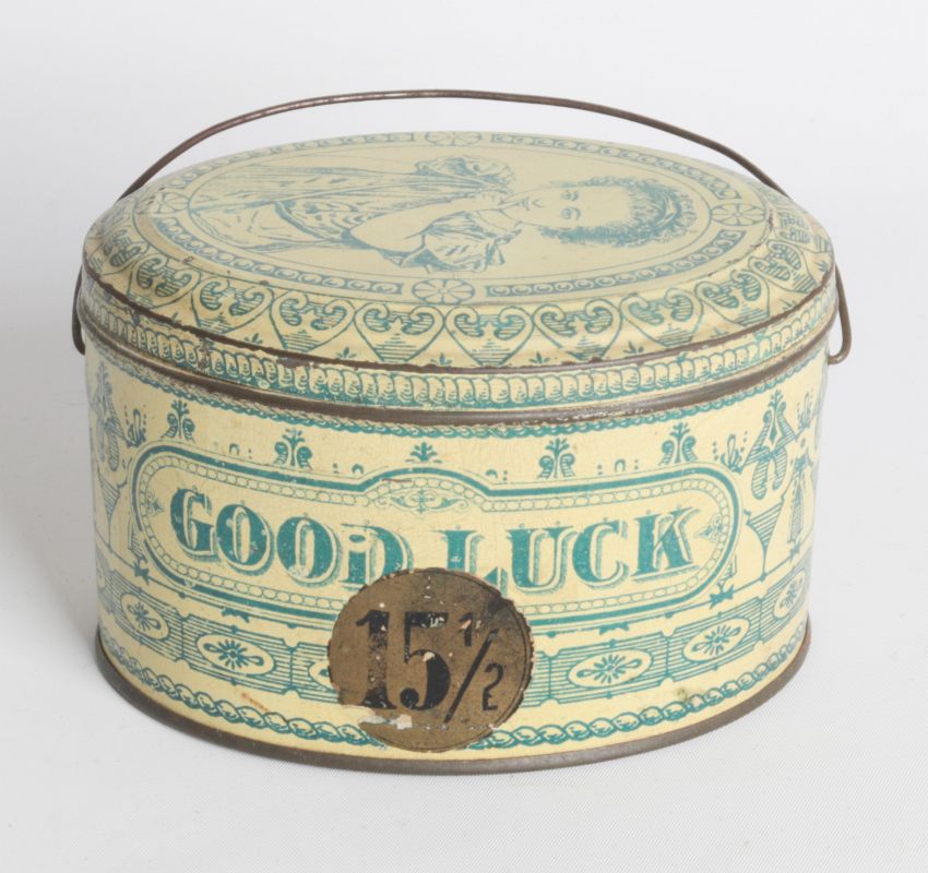 'GOOD LUCK' TIN LITHO COLLAR BOX BISCUIT TIN