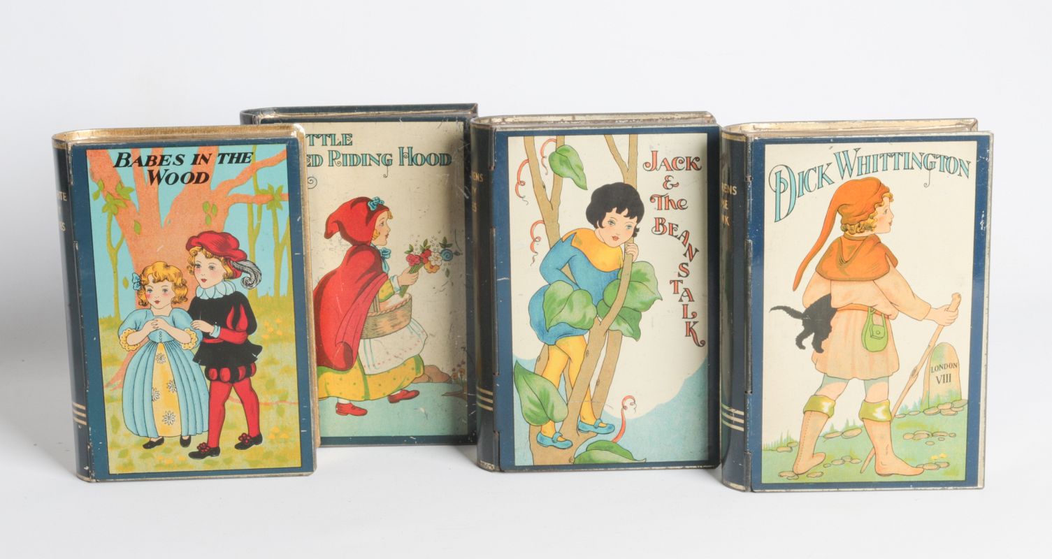 FOUR FAIRY TALE BOOK-FORM TIN LITHO MONEY BOXES
