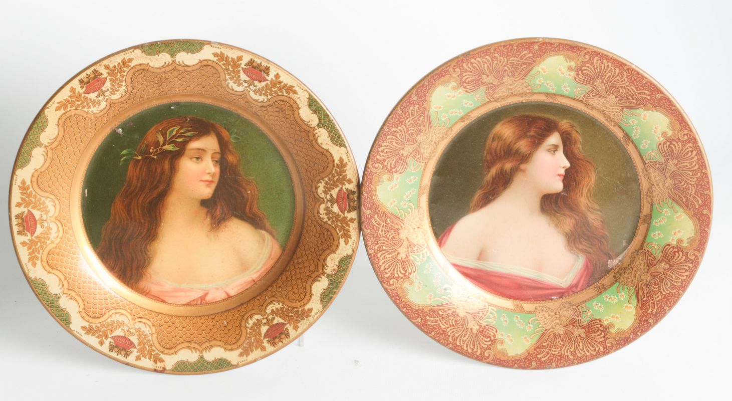 TWO TIN LITHO ADVERTISING PLATES W/ PRETTY LADIES