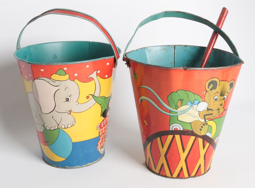 TWO OHIO ART TIN LITHO SAND PAILS, PLUS A SHOVEL