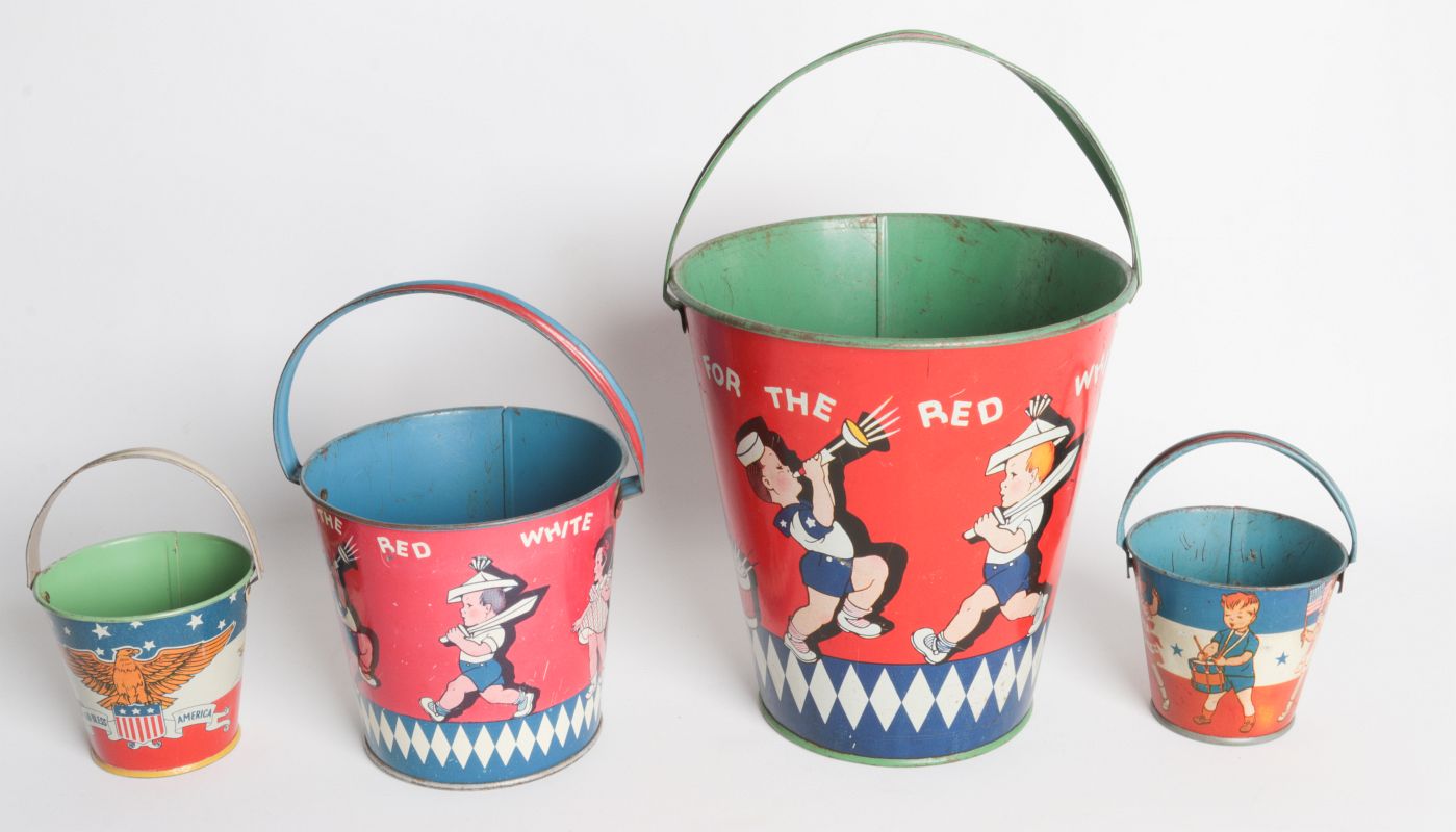 FOUR VARIED SIZE CHILD'S TIN LITHO SAND PAILS