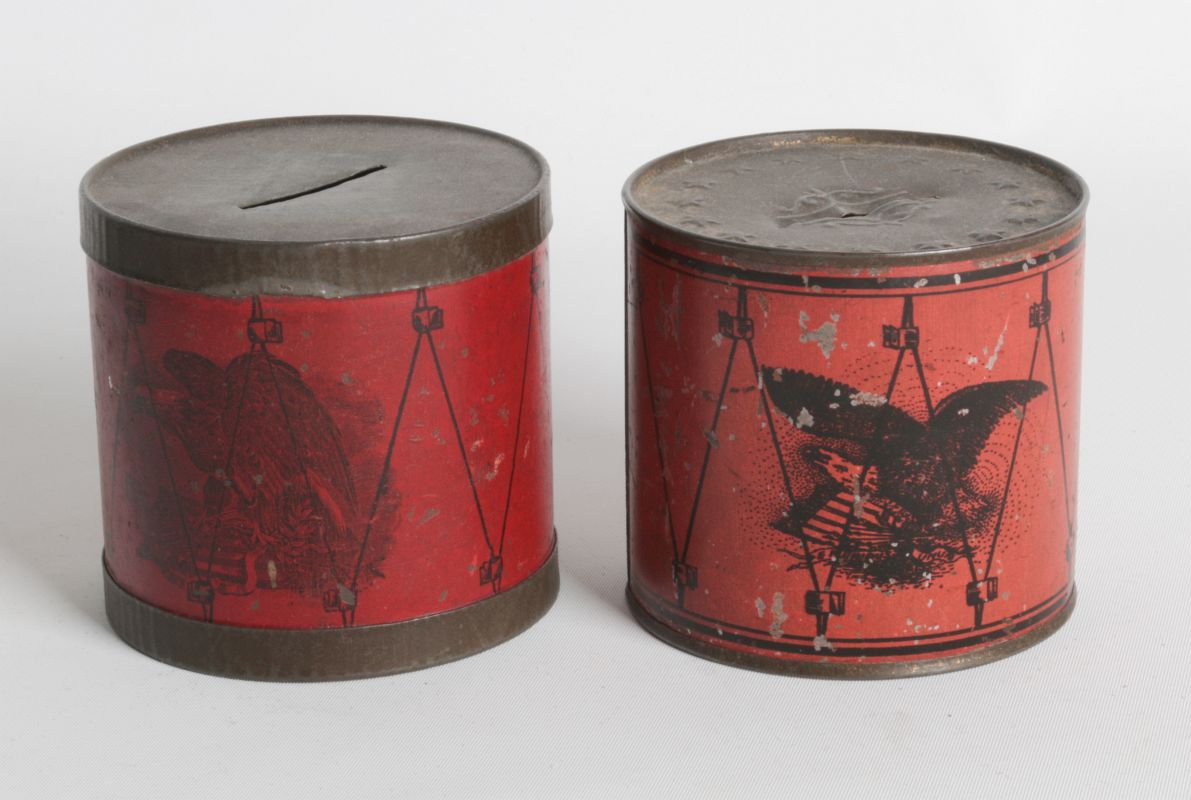 TWO PATRIOTIC THEME TIN LITHO DRUM BANKS
