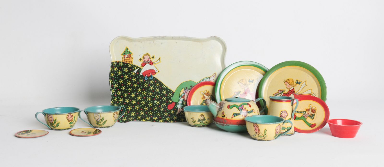 FERN BISEL PEAT TIN LITHO CHILD'S TEA SET PIECES
