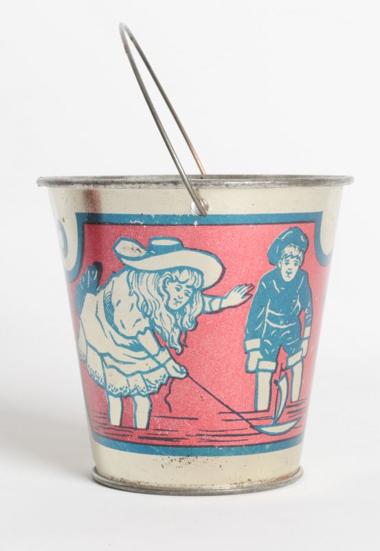 A GOOD VICTORIAN MINIATURE TIN LITHO CHILD'S PAIL