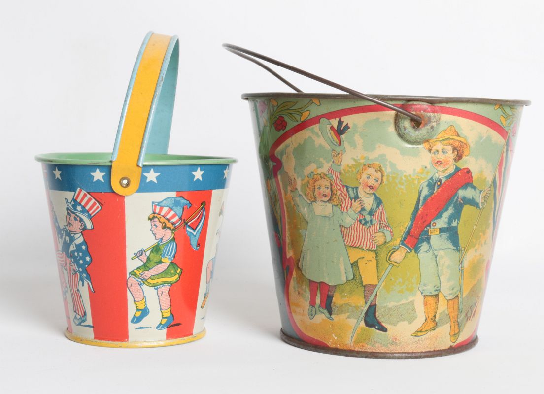 PATRIOTIC THEME TIN LITHO SAND PAILS, INCL CHEIN