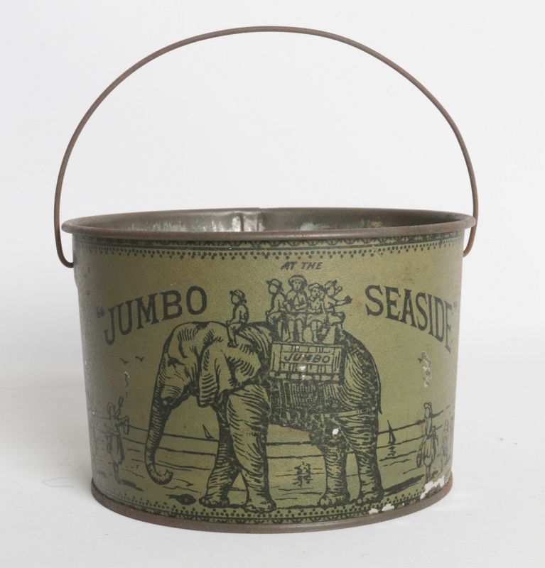 A 1910s  'JUMBO AT THE SEASIDE' TIN LITHO PAIL