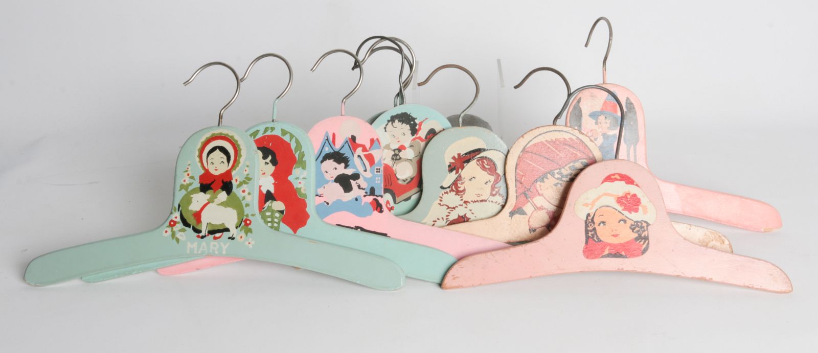 PAINTED 1920s CHILD'S CLOTHES HANGERS WITH FIGURES