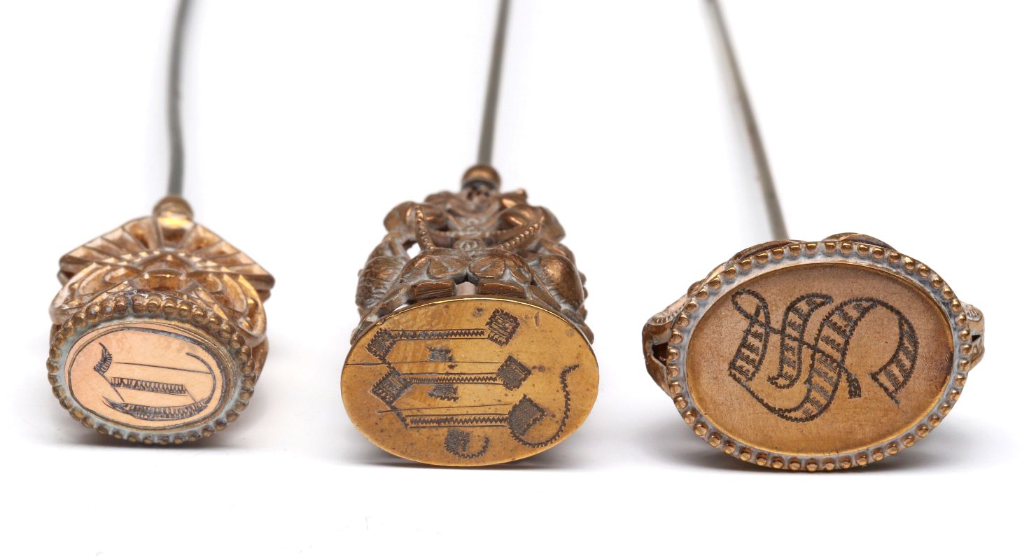 THREE GOLD FILLED VICTORIAN MONOGRAM HAT PINS