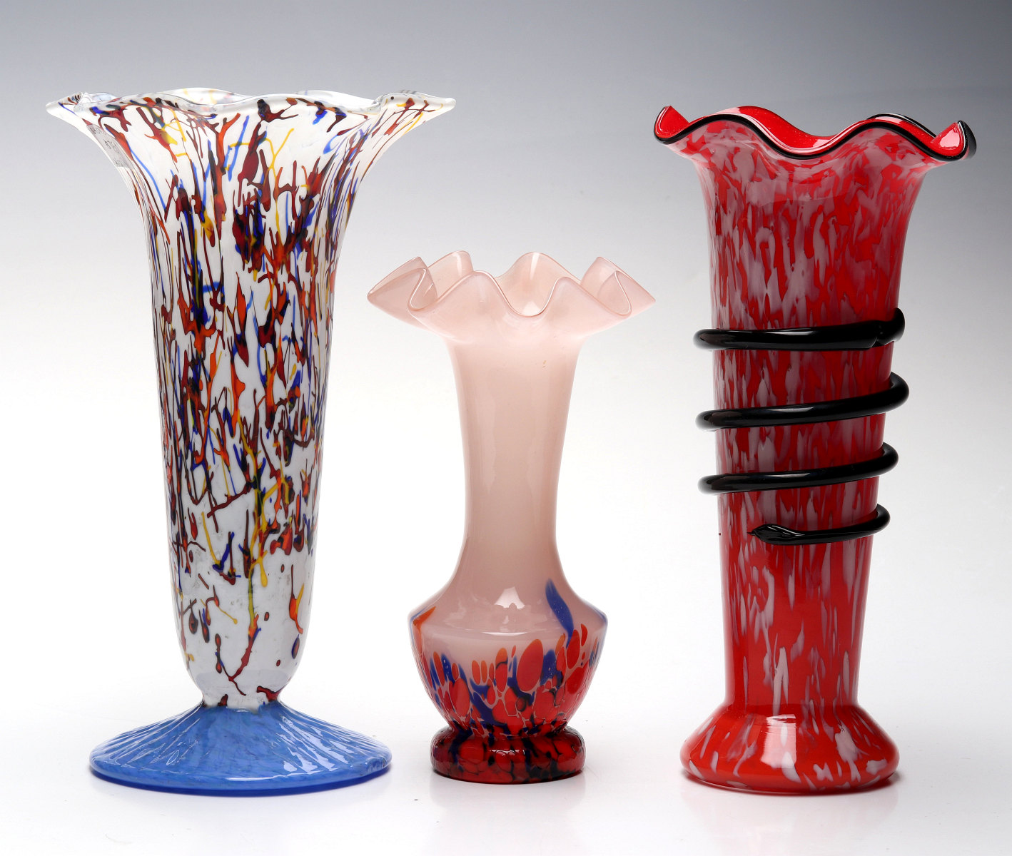 THREE ART GLASS VASES SIGNED CZECHOSLOVAKIA