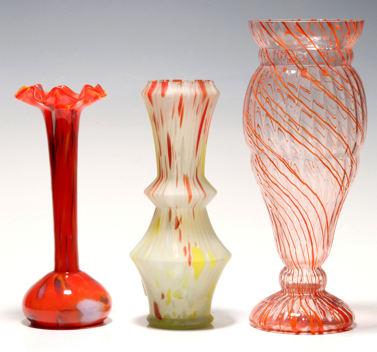 THREE ART GLASS VASES SIGNED CZECHOSLOVAKIA