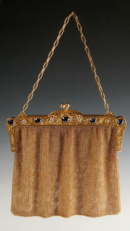 AN ANTIQUE 14K EVENING BAG WITH DIAMONDS & SAPPHIR