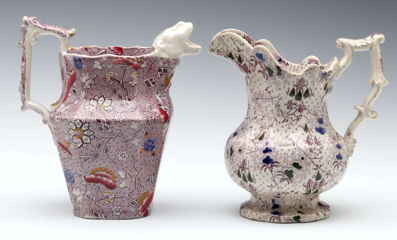 TWO UNUSUAL 19TH CENTURY TRANSFERWARE PITCHERS