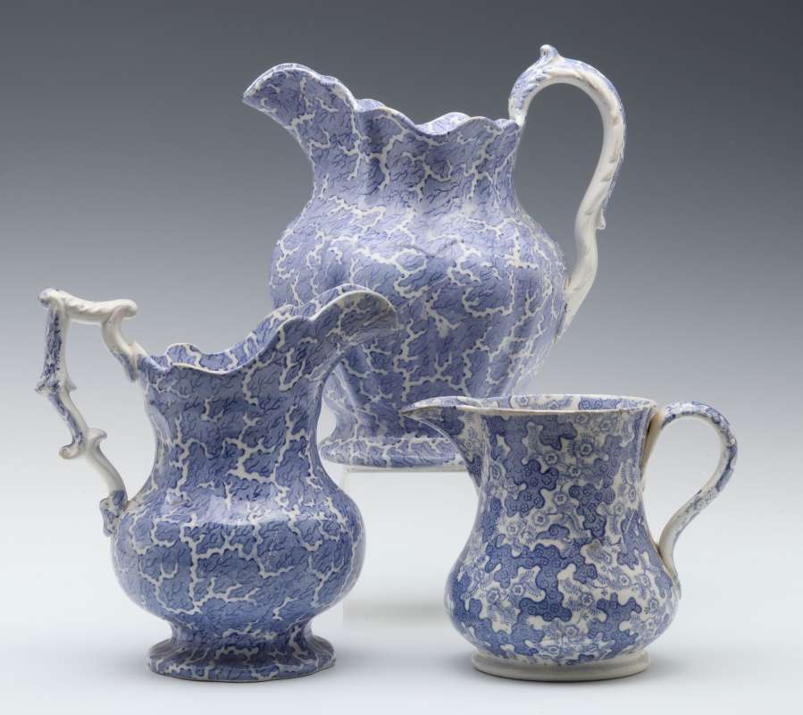 THREE 19TH C. STAFFORDSHIRE POTTERY PITCHERS