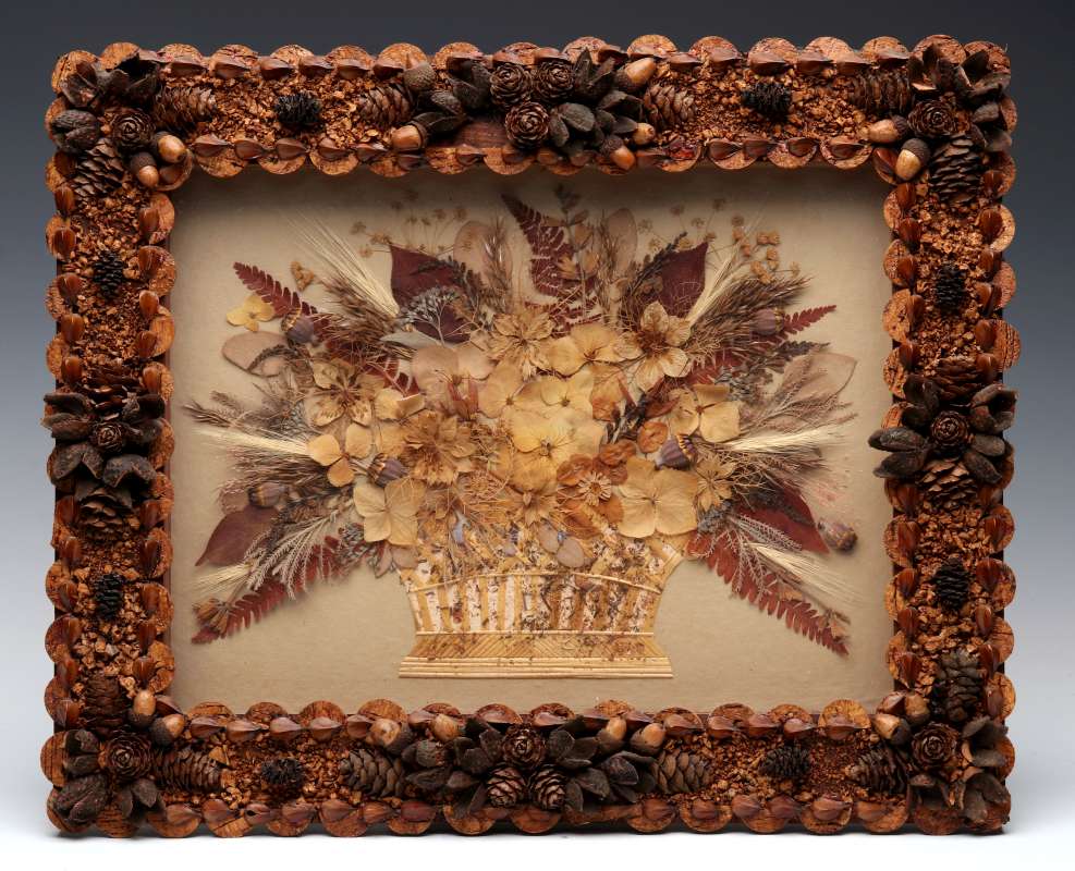 A FOLK ART DRIED SEED FRAME AND HERBARIUM