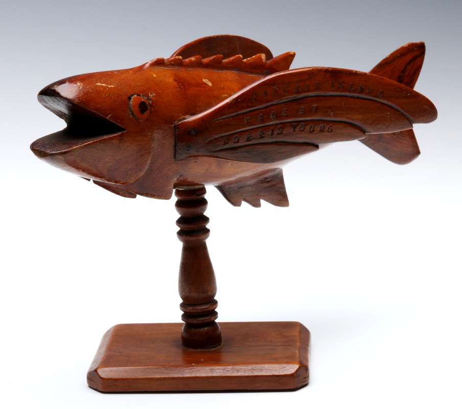 PITCAIRN ISLAND CARVED WOOD FISH WITH INLAID EYES