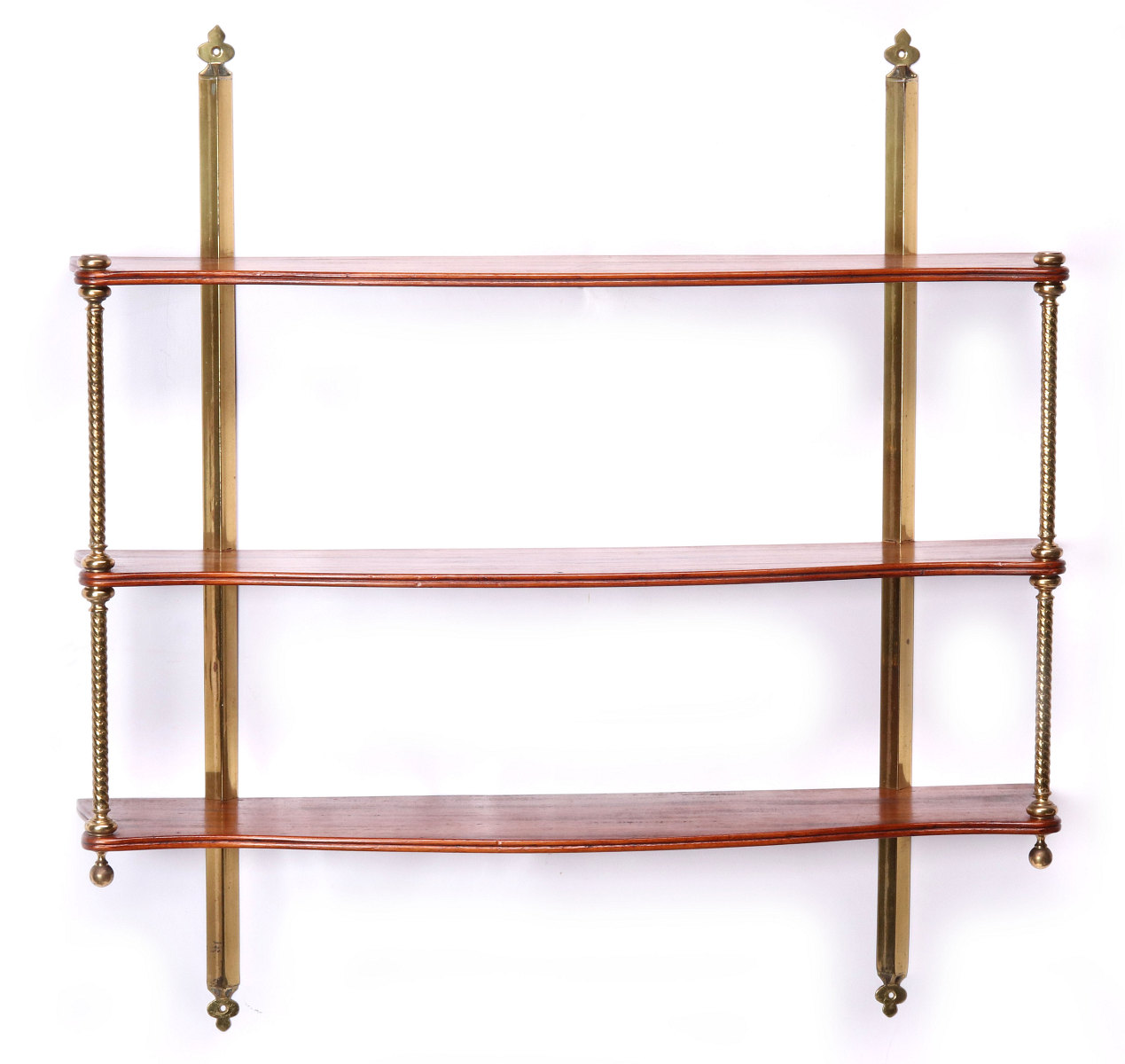 THREE TIER BRASS AND MAHOGANY WALL HANGING SHELF