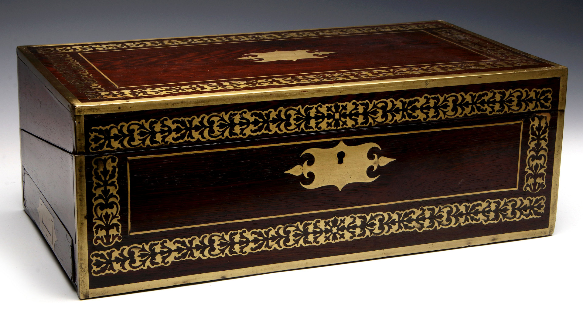 AN ELABORATE BRASS INLAID ROSEWOOD LAP DESK C 1870