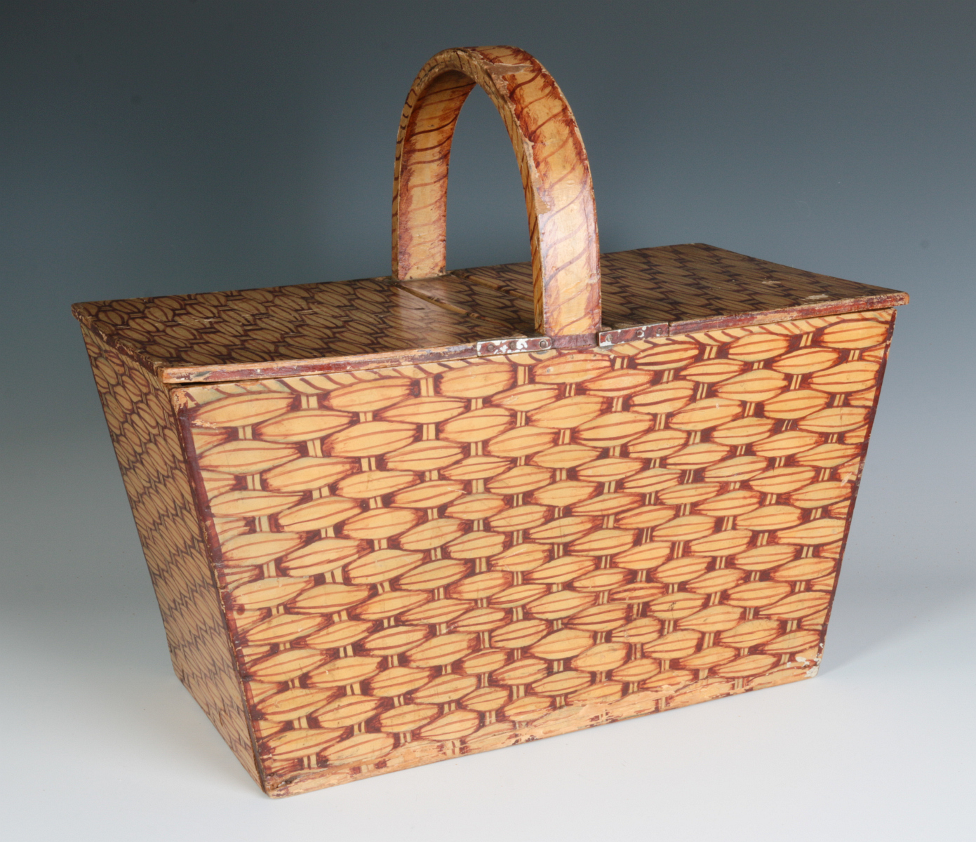 A UNIQUE FAUX PAINTED WOOD PICNIC BASKET C. 1930s