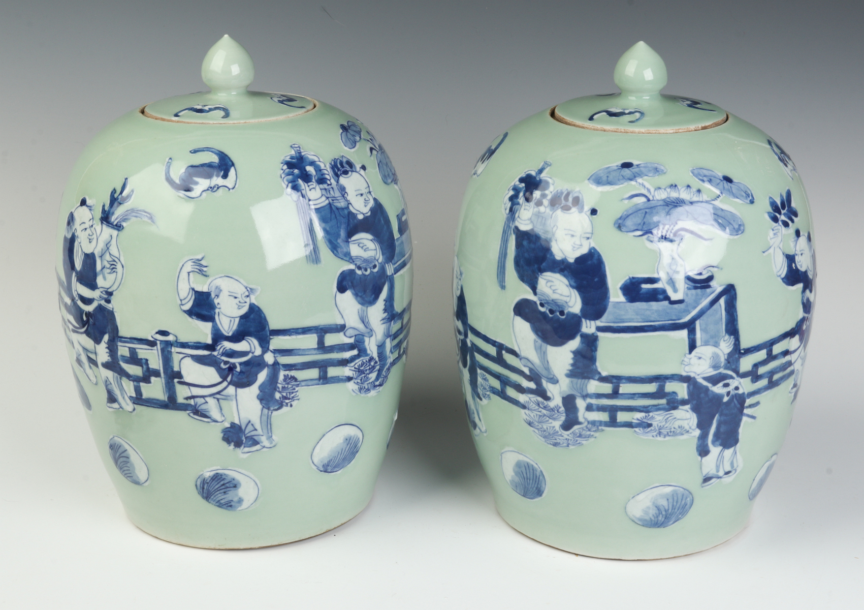 A PAIR 19TH C CHINESE EXPORT CELADON PORCELAIN JARS