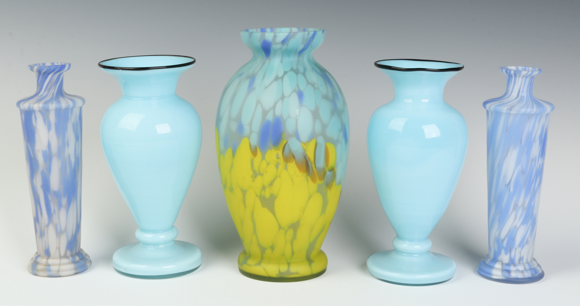 FIVE CZECH ART GLASS VASES