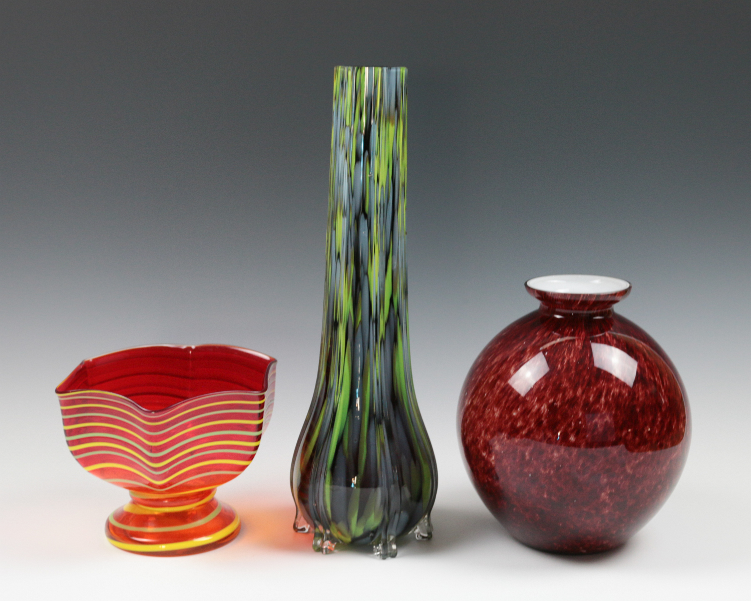 THREE ART GLASS VASES SIGNED CZECHOSLOVAKIA