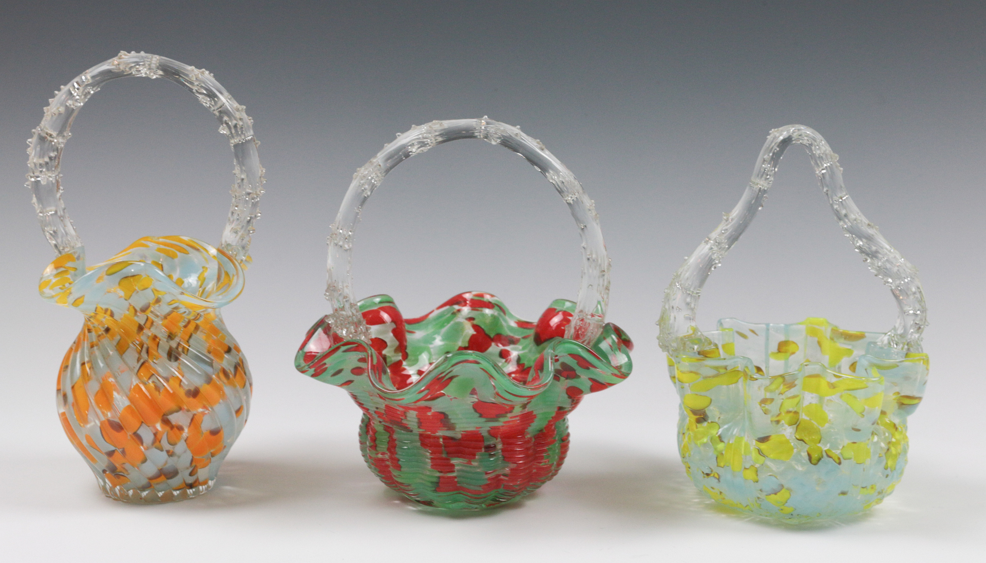 THREE CZECH  TYPE THORN HANDLE ART GLASS BASKETS