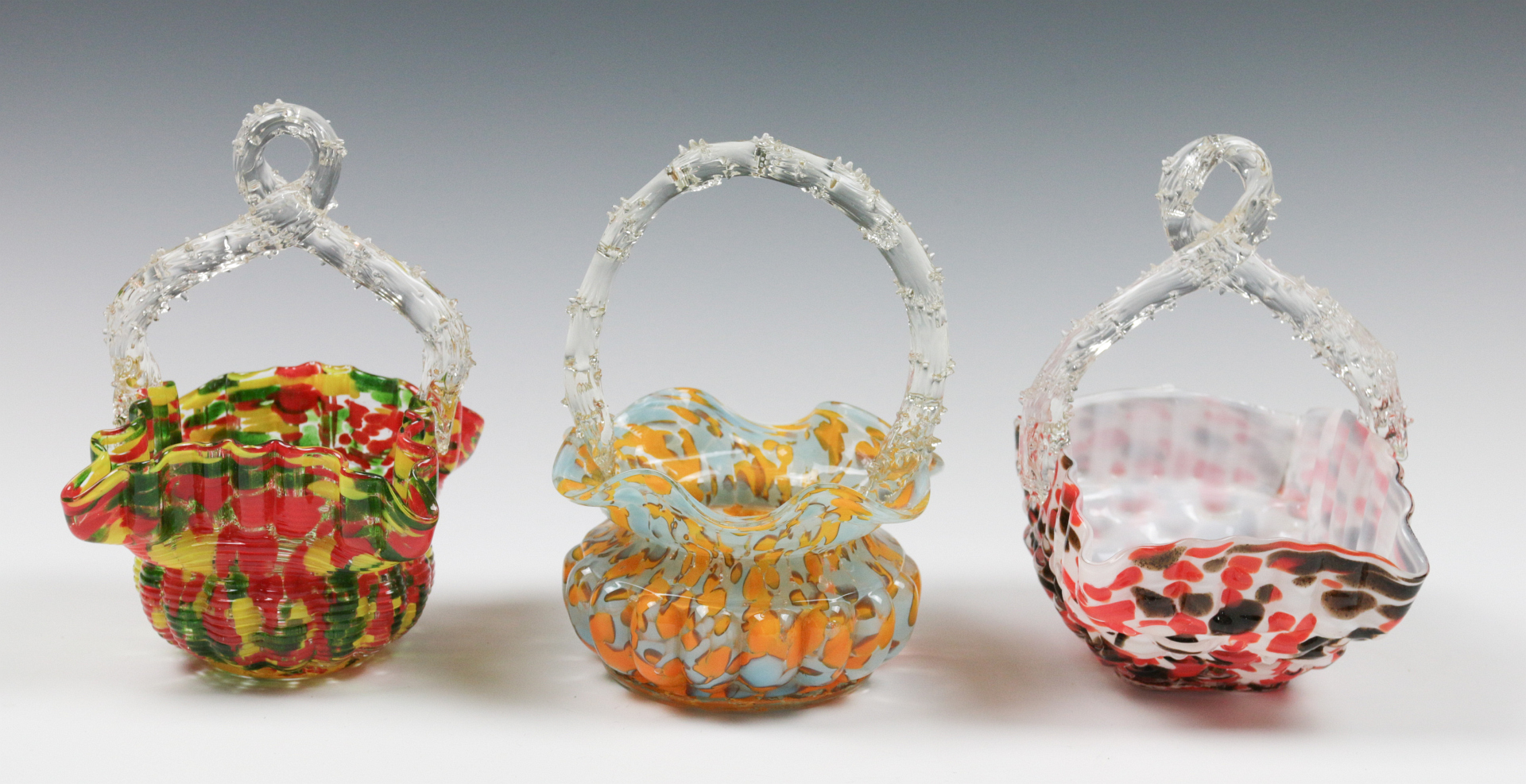 THREE CZECH  TYPE THORN HANDLE ART GLASS BASKETS