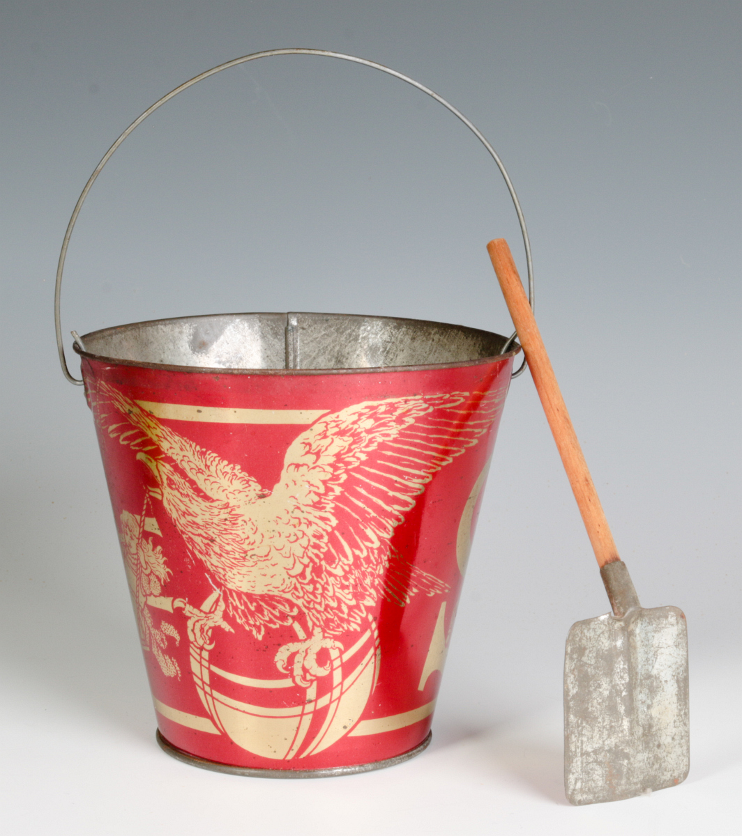 A VICTORIAN 'SEASIDE' TIN LITHO SAND PAIL & SHOVEL