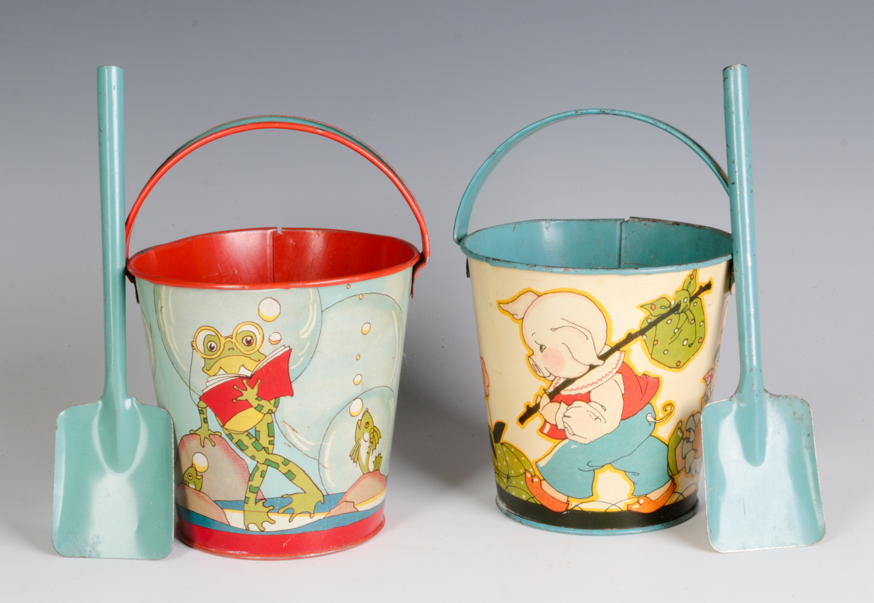 TWO FERN BISEL PEAT TIN LITHO SAND PAILS. C. 1940S