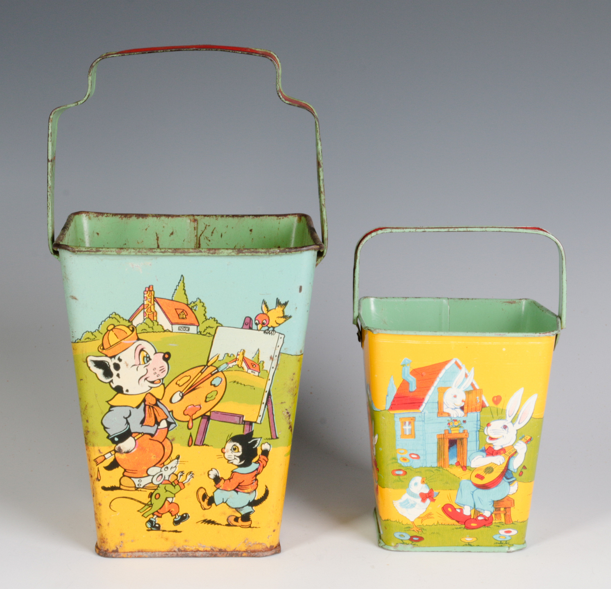 TWO SQUARE TIN LITHO SAND PAILS SIGNED CHEIN