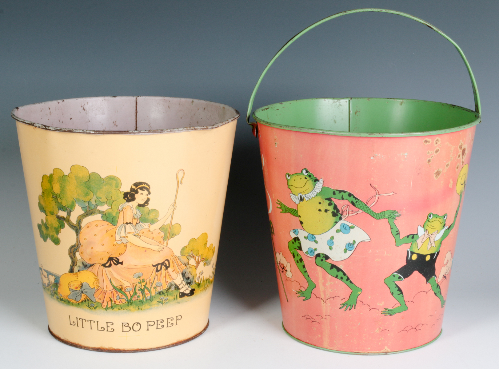 TWO OHIO ART VINTAGE TIN LITHO CHILD'S SAND PAILS