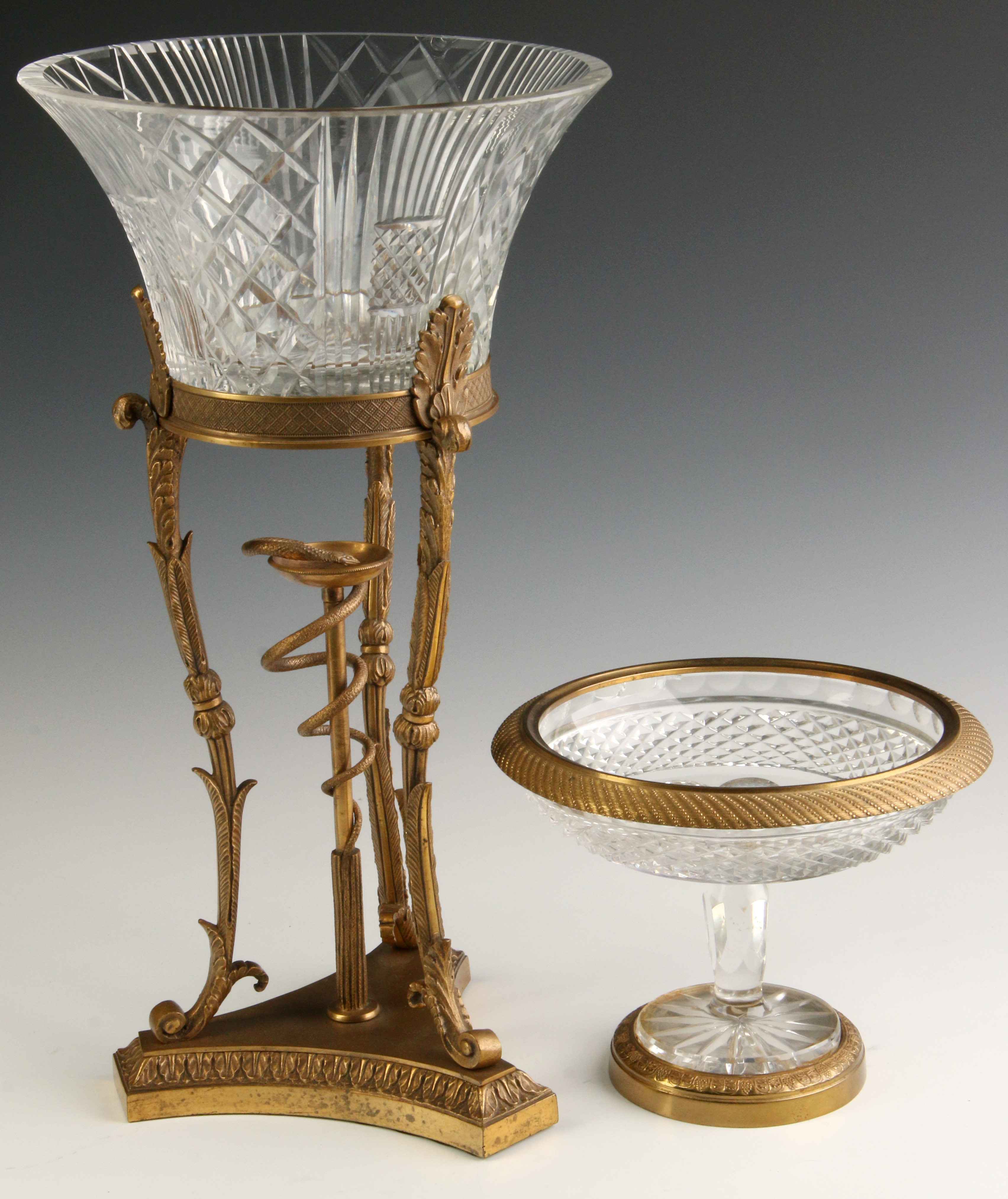 A 20TH C. BRONZE AND CUT CRYSTAL CENTERPIECE BASKE