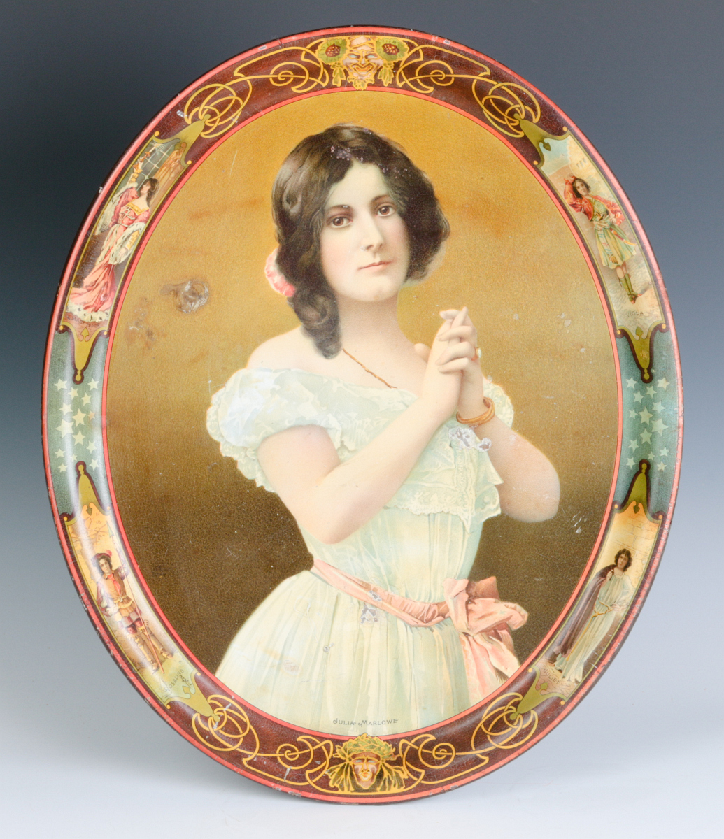 A TIN LITHO TRAY WITH ACTRESS JULIA MARLOWE