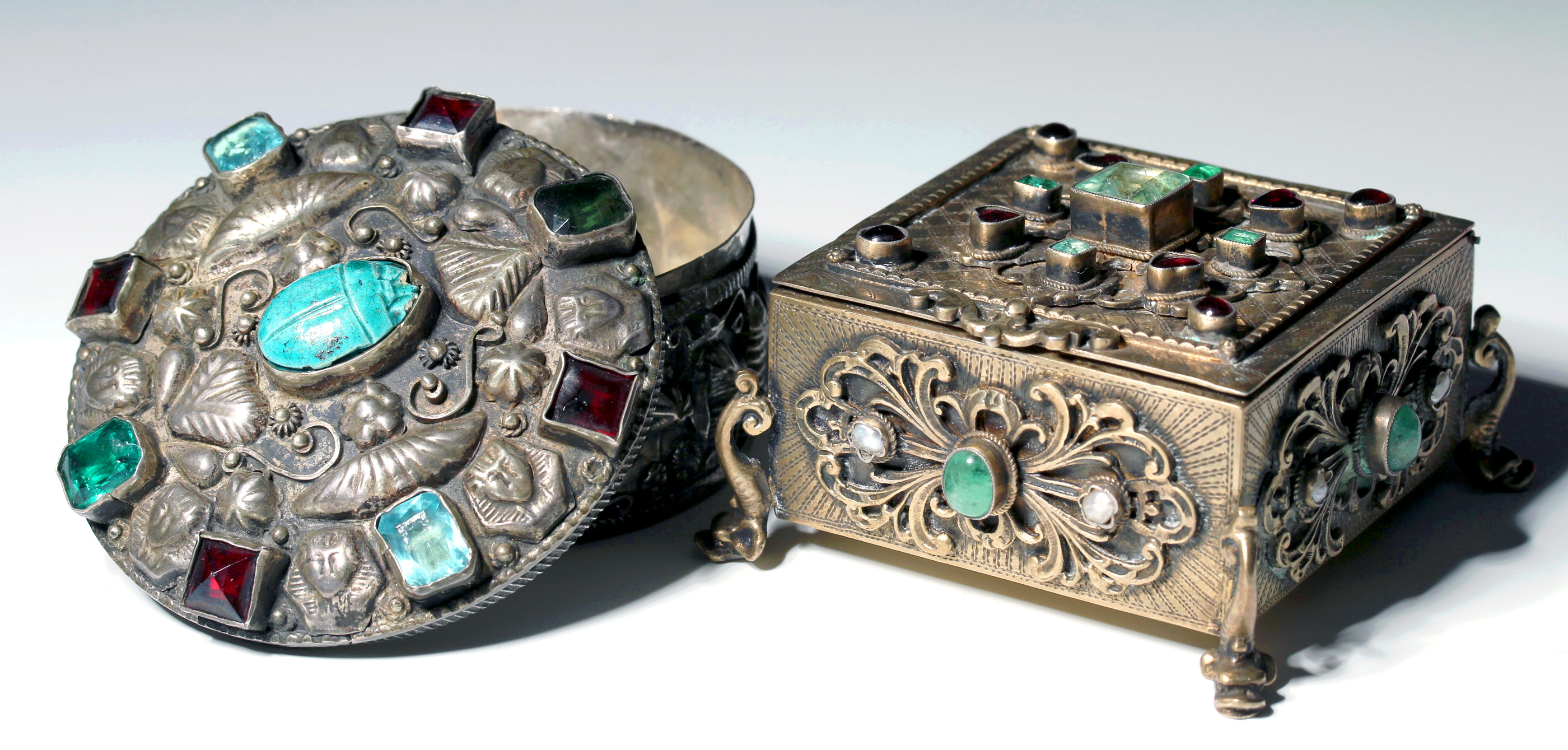 TWO CIRCA 1900 SILVER GEMSTONE SET BOXES