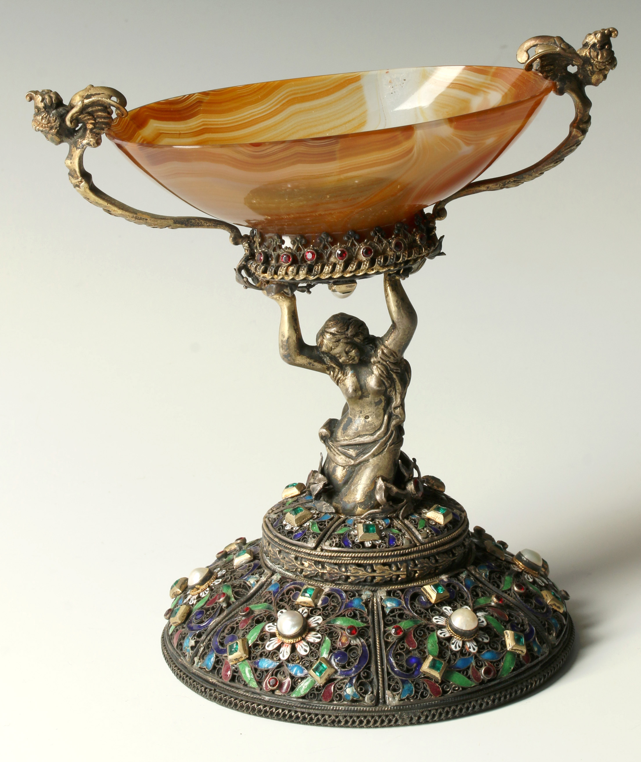 AUSTRO HUNGARIAN GEM SET SILVER ENAMEL AGATE TAZZA