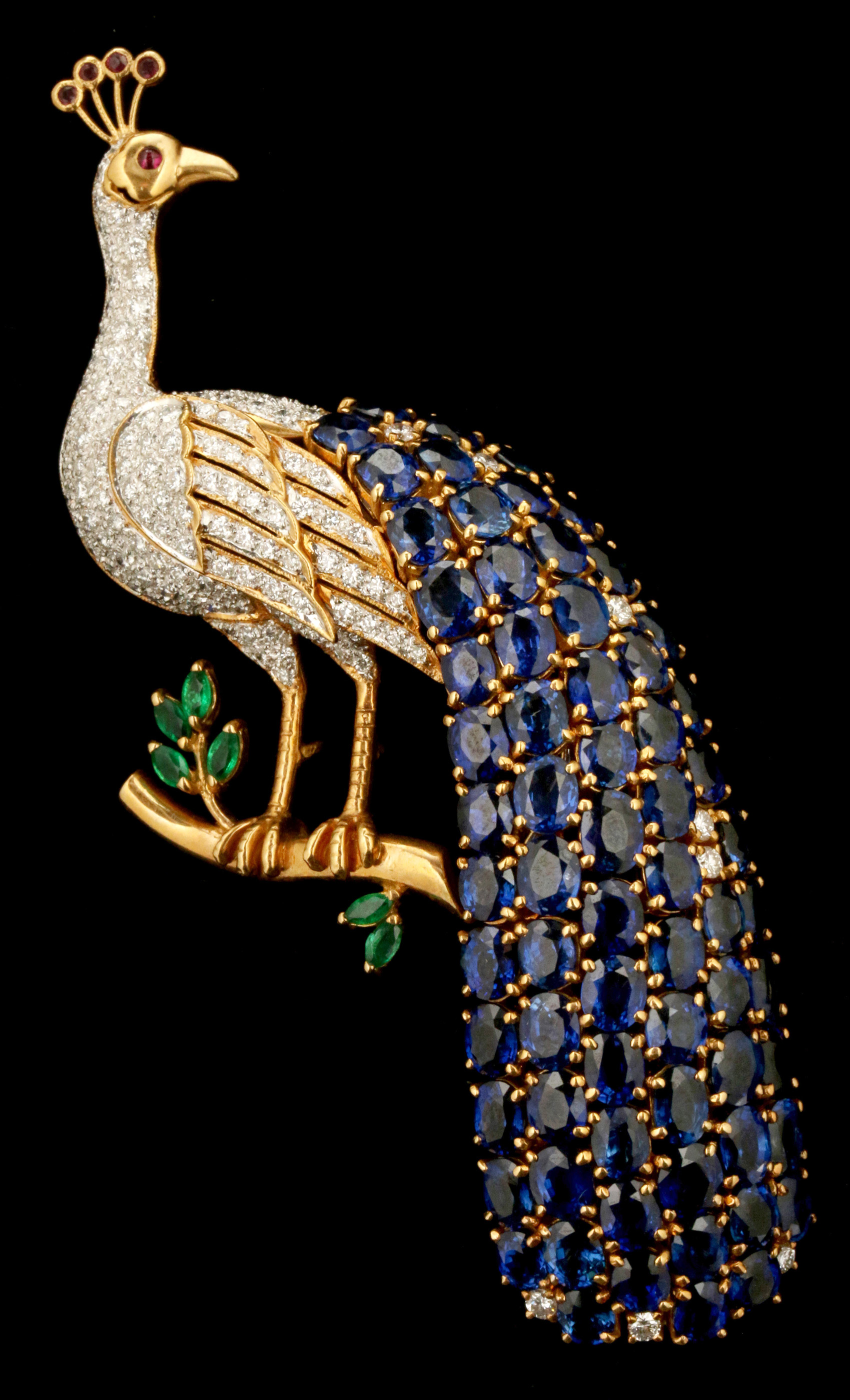 A VERY FINE GEMSTONE SET 18K PEACOCK FIGURAL BROOC