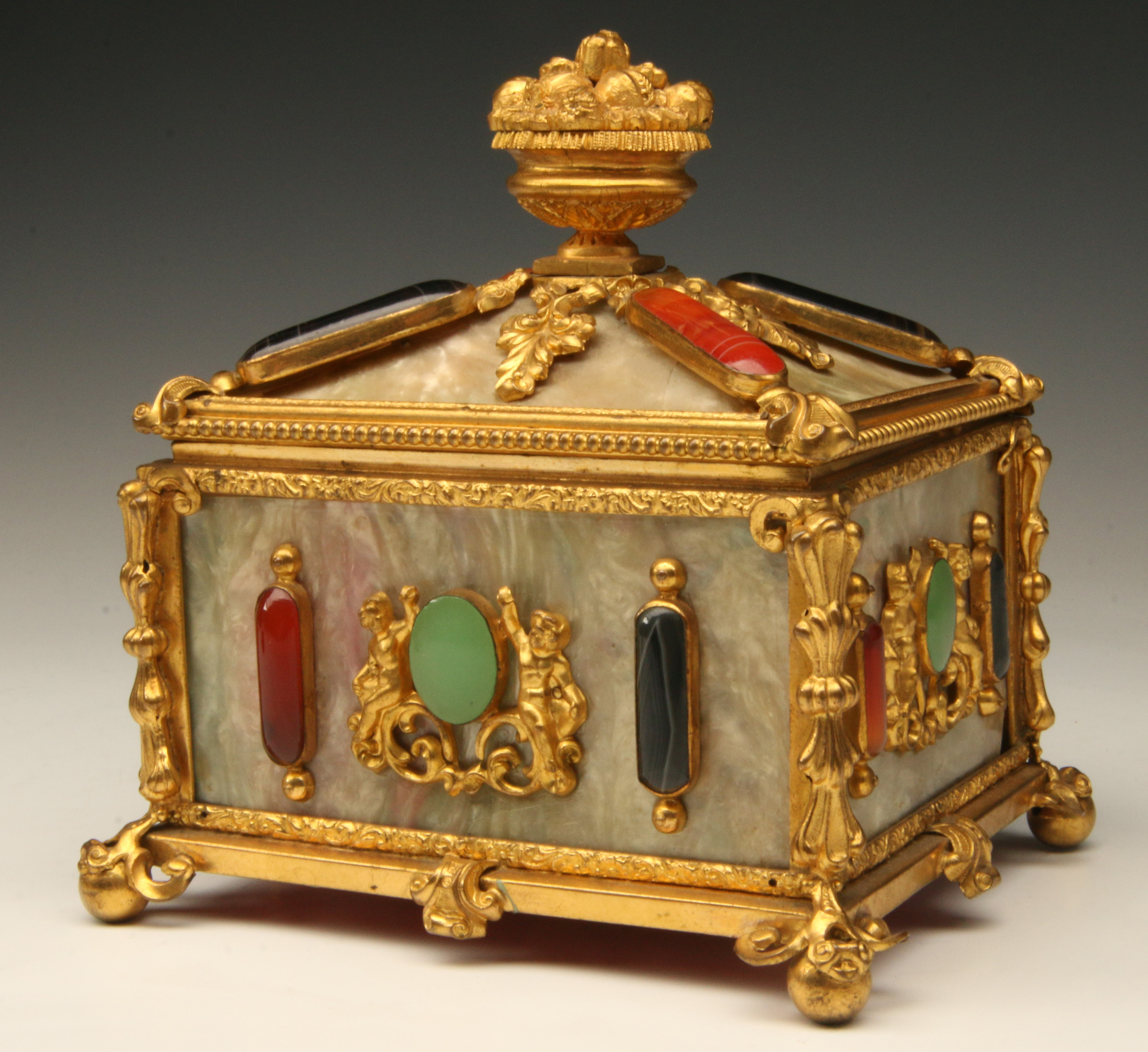 19TH C. FRENCH ORMOLU, SHELL & SEMI-PRECIOUS STONE